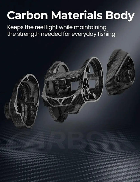 Torrent Lite Ultra Light Baitcasting Reel With Carbon Body, 5.5 Oz Lightweight Build, exploded carbon frame view.