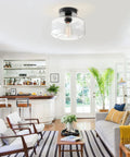 Industrial Semi Flush Mount Ceiling Light With Clear Glass Pendant Shade Farmhouse Vibe in modern living room.