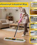 Person using Workhorse 27 Point 7 Inch Commercial Dust Mop With 2 Replacement Pads For Wet And Dry Floor Cleaning in a living room.