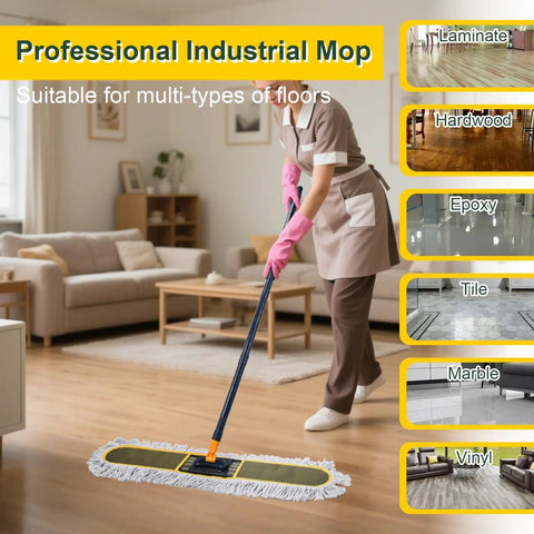 Person using Workhorse 27 Point 7 Inch Commercial Dust Mop With 2 Replacement Pads For Wet And Dry Floor Cleaning in a living room.