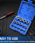14-Piece Female E-Torx Socket Set with E4 through E24 external star sockets in blue storage case.