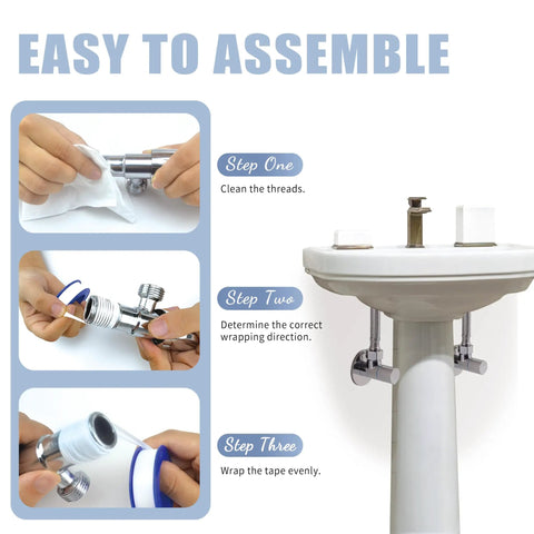 Two Rolls Premium Plumbers Tape For Leak Proof Seals PTFE Thread Seal Tape Half Inch Wide By Five Hundred Twenty Inches Long High Density Sealant instructions for use shown with a sink installation.