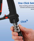 Close-up of Pressure Washer Quick Connect Kit With 9-Piece Stainless Steel Adapters being connected to a pressure washer.