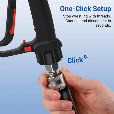 Close-up of Pressure Washer Quick Connect Kit With 9-Piece Stainless Steel Adapters being connected to a pressure washer.