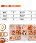 Solid Annealed Pure Copper Flat Washers Kit Vibrant Orange M5 To M20 With 1Mm And 2Mm Thickness Ideal For Hardcore Auto Repair Where You Need Reliable Sealing Performance On Heavy Load Application Without Struggling Too Much At All; 300pcs kit, assorted sizes