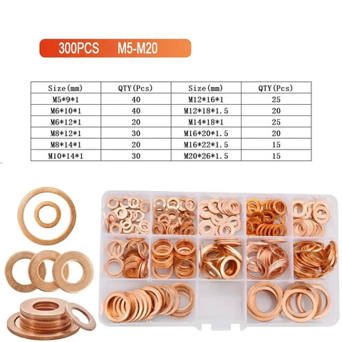 Solid Annealed Pure Copper Flat Washers Kit Vibrant Orange M5 To M20 With 1Mm And 2Mm Thickness Ideal For Hardcore Auto Repair Where You Need Reliable Sealing Performance On Heavy Load Application Without Struggling Too Much At All; 300pcs kit, assorted sizes