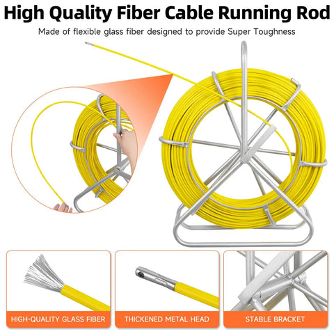 Fiberglass Fish Tape 500Ft One Quarter Inch Duct Rodder Wire Puller With Steel Reel Stand for electrical conduit and cable runs.