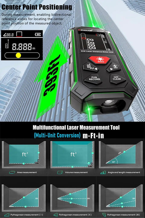 Pro Grade Dual Laser Measuring Tool ZC SG60 with Green Laser 393 Feet Bidirectional Range 196 Feet Unidirectional One Sixteenth Inch Accuracy Readings Time Saving Distance Meter for DIY Construction and Contract Jobs, handheld view
