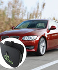 Heavy Duty Electric Vehicle Charging Cable Organizer Bag With Secure Seat Back Straps Stores 5 To 15 Meters Of Plug In Cords near a red car.
