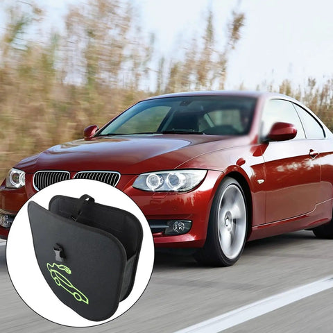 Heavy Duty Electric Vehicle Charging Cable Organizer Bag With Secure Seat Back Straps Stores 5 To 15 Meters Of Plug In Cords near a red car.
