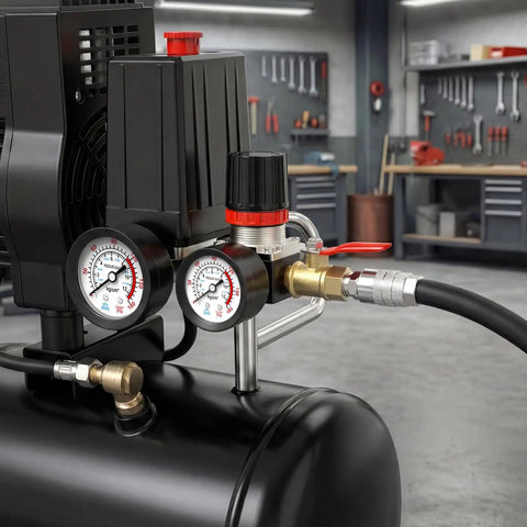 Close-up of an air compressor pressure switch with 4-way valve and regulator 0 to 180 psi, dual voltage 110/240V in a workshop.