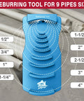 9 In 1 Pvc Pipe Deburring And Chamfering Tool Kit Handles Inner Outer Sizes With Adjustable Depth Guard, blue tool with size markings.