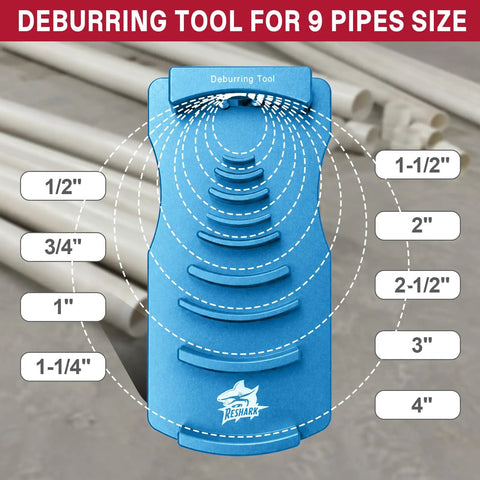 9 In 1 Pvc Pipe Deburring And Chamfering Tool Kit Handles Inner Outer Sizes With Adjustable Depth Guard, blue tool with size markings.