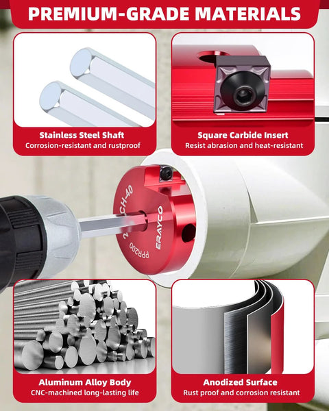 ERAYCO 3/4-in PVC pipe reamer tool with red anodized aluminum body, stainless steel shaft, and square carbide insert.