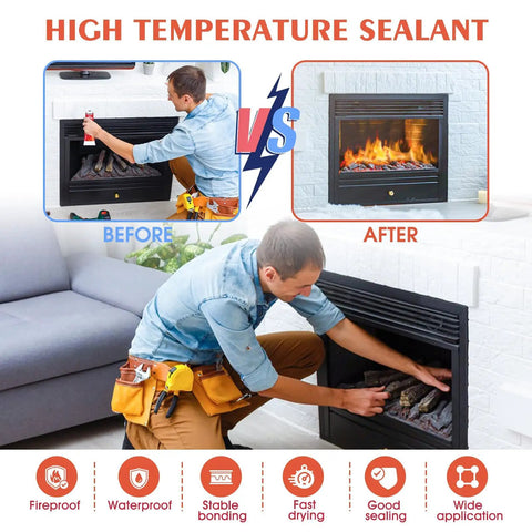 Man applying heavy duty high temp silicone sealant for oven, grill, and microwave on fireplace, illustrating before and after results.