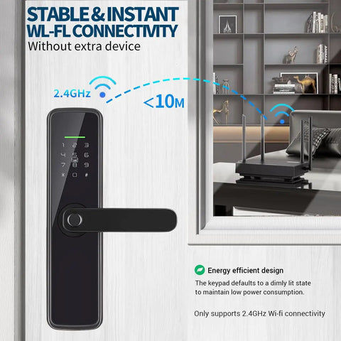 Slick Smart Fingerprint Door Lock With Built In Wifi And Tuya App Remote Control features electronic keypad and sleek design.