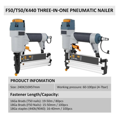 Professional Grade Heavy Duty Pneumatic Air Nailer And Multipurpose Stapler For Furniture Hustle And Woodworking Framing, showing three-in-one model.