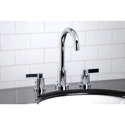 NuvoFusion Widespread Bathroom Faucet with Popup Drain in Polished Chrome, Solid Brass Build, 8 to 16 Inch Deck Mount installed on sink