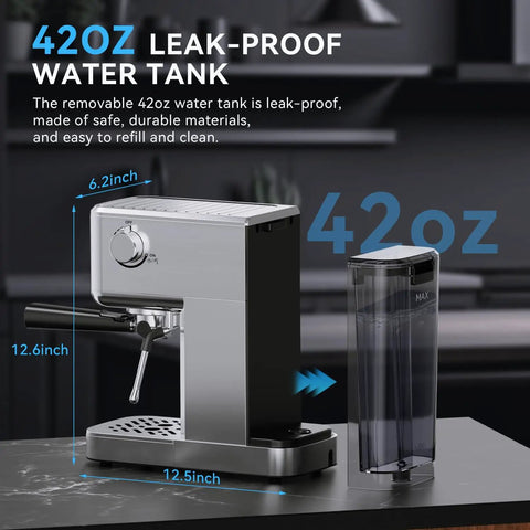 Stainless steel 20 Bar Espresso Machine with Milk Frother, 42 oz removable water tank, ideal for home or office use.