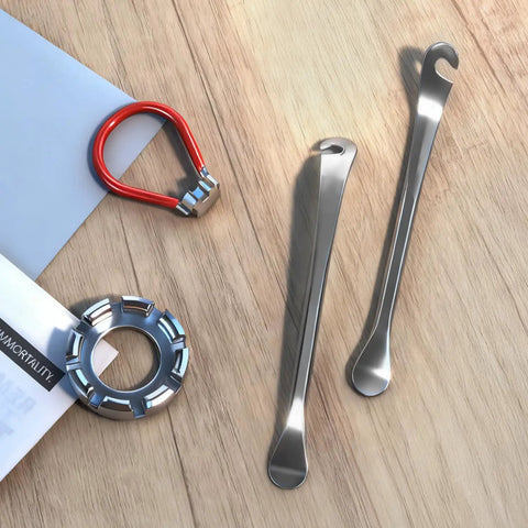 Eight Way Universal Bicycle Spoke Wrench Tool for Wheel Truing and Tension Adjustment in Hardened Steel with tire levers