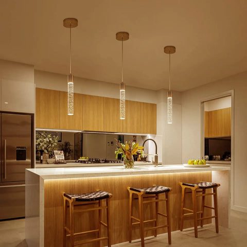 Modern Brushed Nickel Crystal Pendant Lights For Kitchen Island With Dimmable 3000K 4000K 6000K Switch showing adjustable height