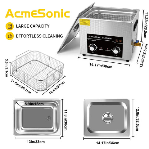 Pro Grade Ultrasonic Cleaner 15L with basket dimensions and features displayed