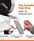32 Ft Pipe Insulation Foam Tape And 32 Ft Foil Backed Hose Wrap with dimensions and features shown in detail.