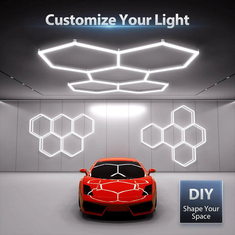 Hexagon 168W LED Garage Light With 5 Grid Panels, Dope Ultra Bright 6500K Daylight installed in garage with car