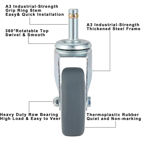 Heavy Duty Swivel Caster Wheels Set Of 4, 3 Inch TPR Rubber Rollers With 7/16 Inch Stem, detailed view with grip ring stem and rubber wheel.