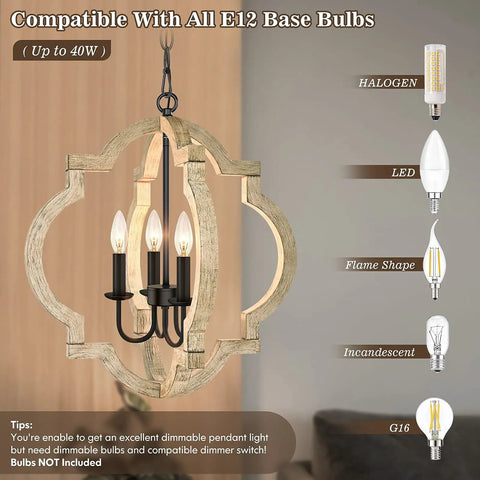 Cozy Farmhouse Orb Chandelier Four Light Rustic Pendant Ceiling Lights with wood frame and black metal sockets displayed with bulb types.