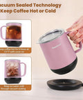 Smart Electric Heated Coffee Mug With Precision Temperature Setting And Rechargeable Coaster To Keep Your Daily Brew Piping Hot And Sipping Smooth On The Go 12 Oz Spill Resistant Travel Mug in pink color with lid and under a charging coaster.