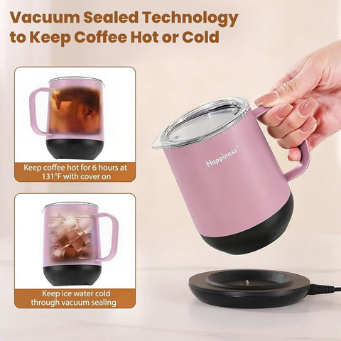 Smart Electric Heated Coffee Mug With Precision Temperature Setting And Rechargeable Coaster To Keep Your Daily Brew Piping Hot And Sipping Smooth On The Go 12 Oz Spill Resistant Travel Mug in pink color with lid and under a charging coaster.