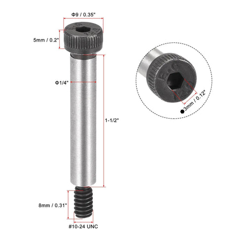 Top Shelf Alloy Steel Hexagon Socket Head Shoulder Bolts With Ten Twenty Four Threads And One And A Half Inch Shoulder Length Quarter Inch Diameter, side view with measurements.