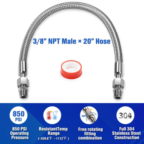 Three Eighths Inch Flexible Compressor Jumper Hose With Corrugated Stainless Core And Braided Protective Sleeve On White Background