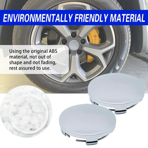 4 Pack Heavy Duty Abs Wheel Center Hub Caps Snap On Rim Covers Universal Fit Tight Seal Dust Shield For Daily Drivers Street Ready Silver Finish That Keeps Your Ride Looking Fly All Year Long, showcasing two hub caps and a silver wheel.