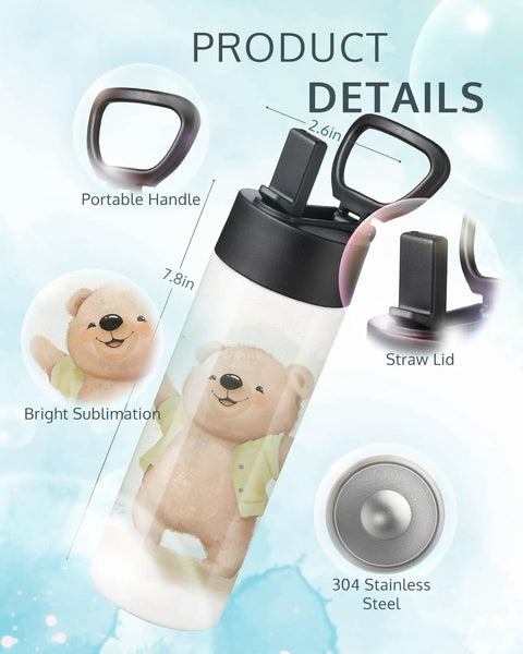 Detailed view of 16oz Kid Sublimation Tumbler Set With Straws, featuring portable handle, straw lid, and bear design.