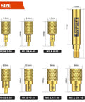 Image showing the size measurements of the Six-Piece Heat Set Insert Tips Kit For Threaded Inserts M2 To M8 Plus Soldering Iron Adapter 900M T18 FX-888D.