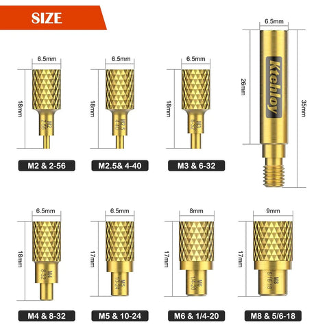 Image showing the size measurements of the Six-Piece Heat Set Insert Tips Kit For Threaded Inserts M2 To M8 Plus Soldering Iron Adapter 900M T18 FX-888D.