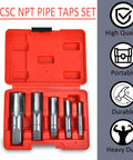 Professional NPT Pipe Tap Set 5 Piece Pro-Grade Carbon Steel with red storage case and visible taps for threading