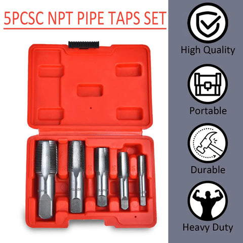 Professional NPT Pipe Tap Set 5 Piece Pro-Grade Carbon Steel with red storage case and visible taps for threading