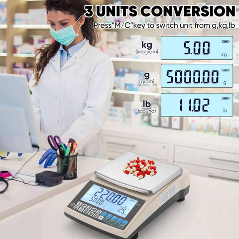 Pro Grade 0.01g Lab Scale With 5000g Capacity, Gram Counting Balance, RS232 Port, Calibration Weight shown in pharmacy