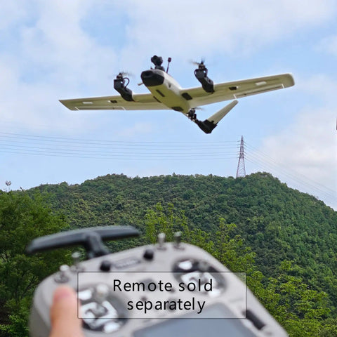 ZOHD Altus 980mm Wingspan Twin Motor V Tail EPP FPV RC Airplane flying over lush hills, remote in foreground, for outdoor adventures