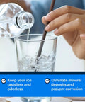 Person stirring a glass of water with ice, text overlay about Ultimate Ice Machine Cleaner And Descaler Kit benefits