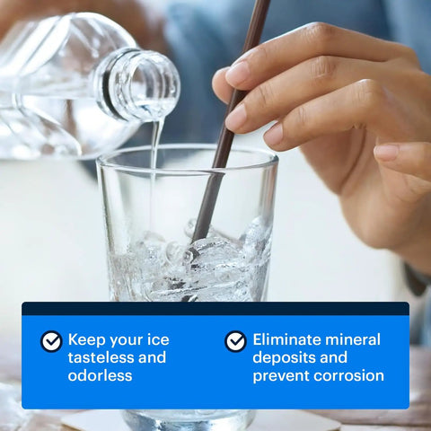 Person stirring a glass of water with ice, text overlay about Ultimate Ice Machine Cleaner And Descaler Kit benefits