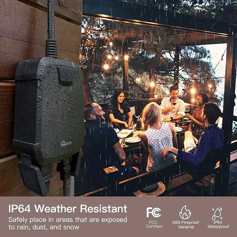 2 In 1 Outdoor Smart Dimmer Plug with Dual Outlets for Outdoor String Lights, 600W Total, showing IP64 weatherproof design
