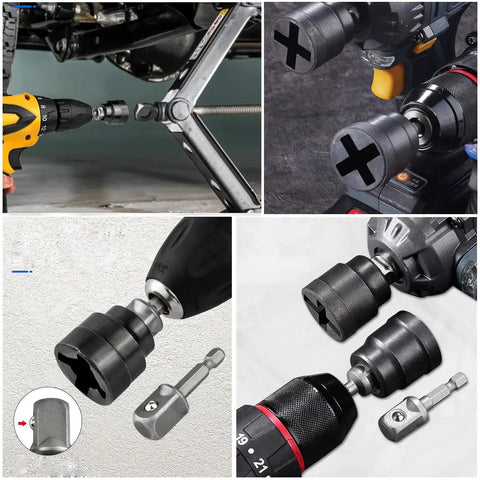 Two Pack Scissor Jack To Impact Driver Adapter Set for One Half Inch Wrenches and One Quarter Inch Hex Bits, various views
