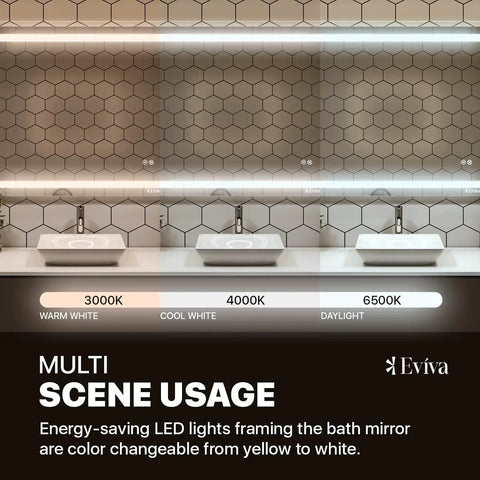 Glow 36 Inch By 28 Inch Rectangular Frameless Mirror With Dual Mounting Hardware showing LED color temps: 3000K, 4000K, 6500K.
