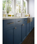 Reeded 5 Inch Center To Center Bar Pull In Honey Bronze Durable Cabinet Hardware With Classic Look, Smooth Operation, Everyday Use Ready, Built To Last, Perfect For Kitchens And Bathrooms. on blue kitchen cabinets