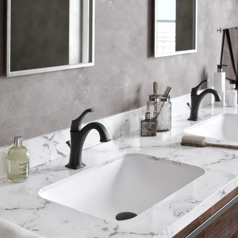 Arlo KVF-1200MB Dope Matte Black Single Handle Vessel Bathroom Faucet With Pop Up Drain in modern vanity setup