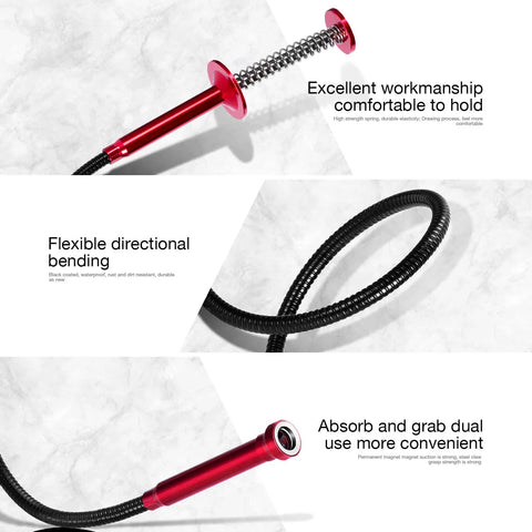 Bendable magnetic pickup tool with 24'' four-claw grabber; red aluminum handle and black flexible coil